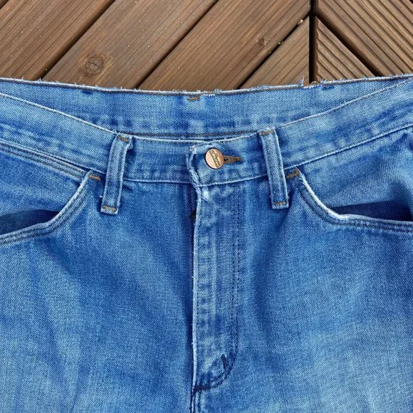 Vintage 70's Wrangler No Fault Repaired Cutoff Flare Denim 30x28